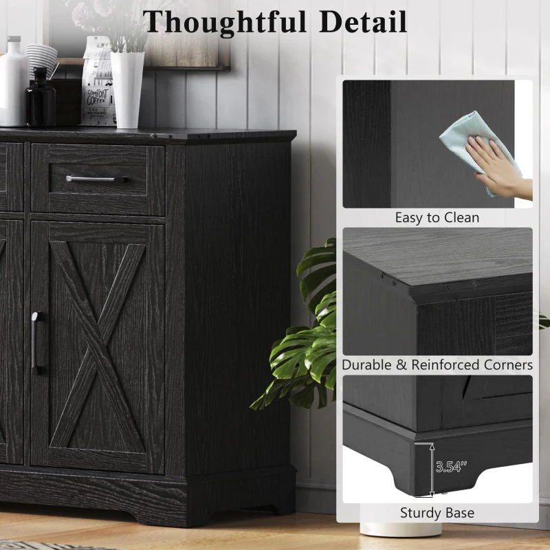 Farmhouse Buffet Cabinet with Metal Hardware and Wood Grain, Sturdy Sideboard for Kitchen and Dining Room, 55'' L x 15.5" W x 32" H, Ash Black