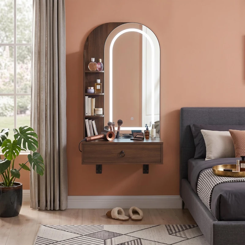 Modern Floating Makeup Vanity with Arched Mirror, Outlet and 3-Color Lights, Versatile Wall Vanity for Bedrooms, 23'' L x 15.5" W x 48" H, Walnut