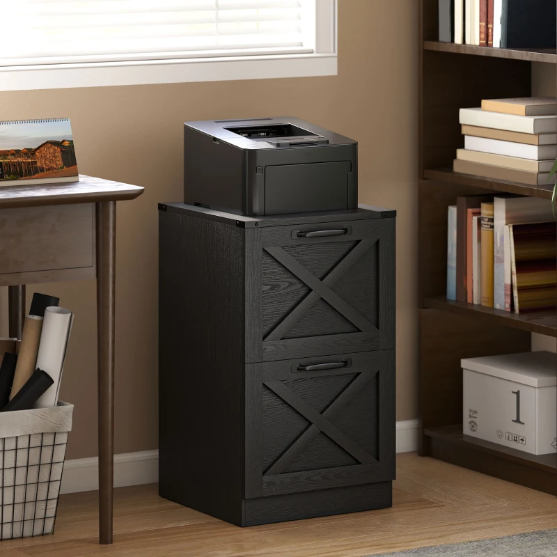 HOMCOM Vertical Storage Drawers Farmhouse X Pattern Printer Stand Fits Letter Files 2 Drawers Black