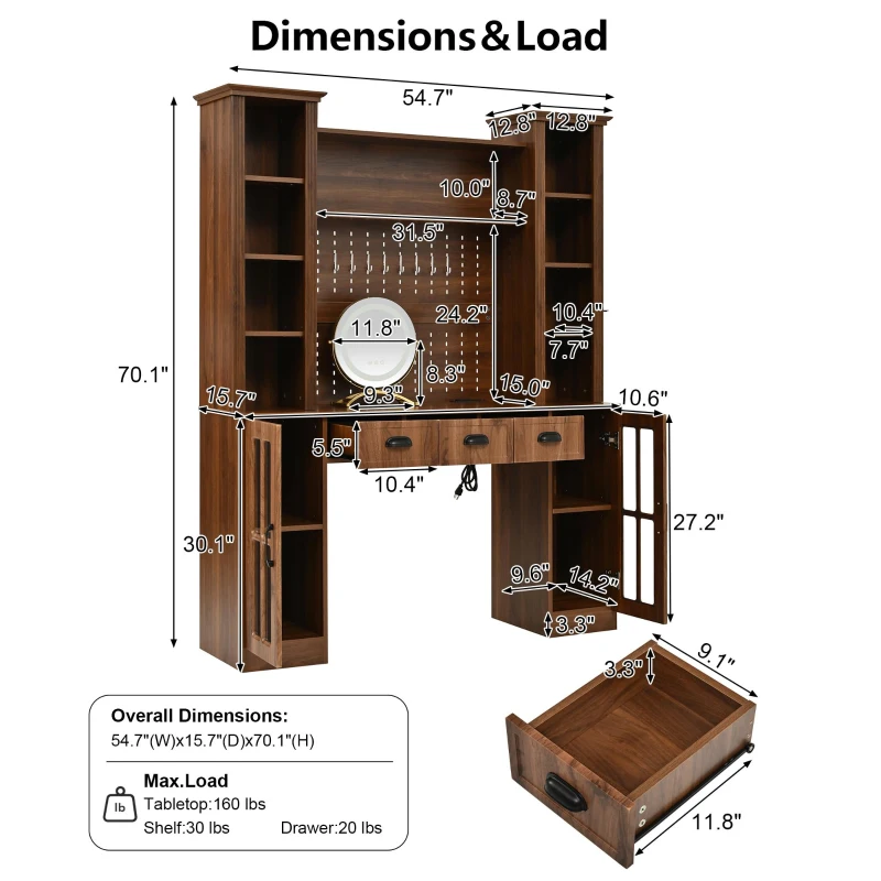 Farmhouse Makeup Vanity with LED Mirror and Power Outlet, Chic Dressing Desk with Jewelry Organizer, 54.5'' L x 15.5" W x 70" H, Walnut