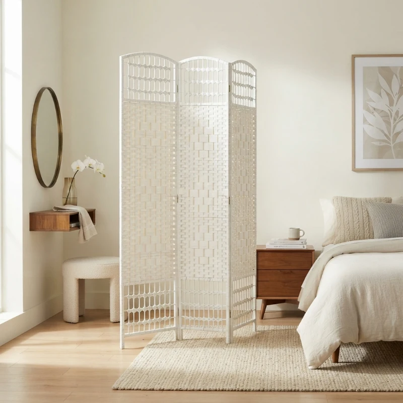 HOMCOM 3 Panel Folding Room Divider Portable Privacy Screen Wave Fiber Room Partition for Home Office White