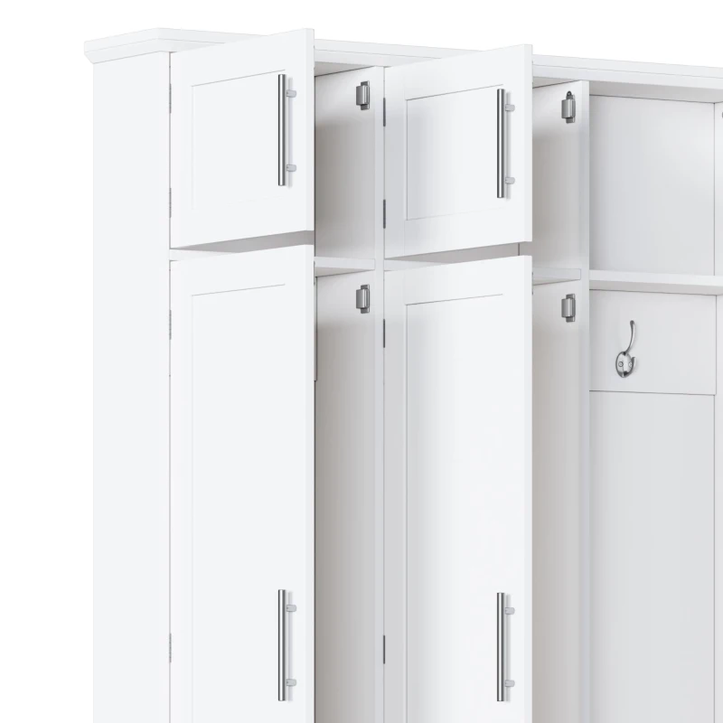 Rustic Farmhouse Hall Tree with 8 Storage Doors, Heavy-Duty Shoe Storage Bench Unit with 4 Bottom Compartments, 59'' L x 15.5'' W x 75'' H, White
