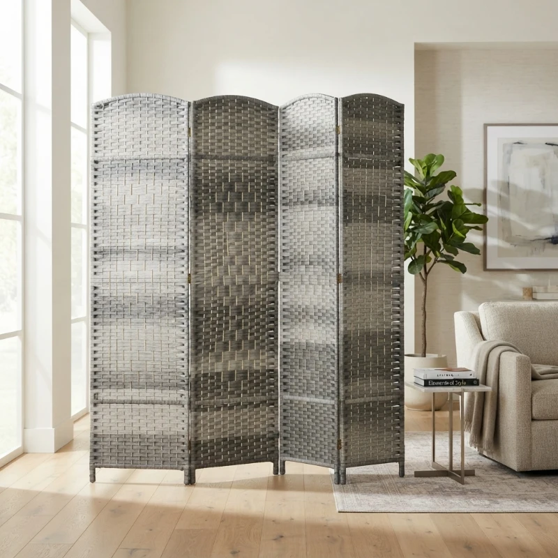 HOMCOM Folding Room Divider Screen 4 Panel 6' Tall Privacy Screen Freestanding Wood Partition for Home Office, Mixed Gray