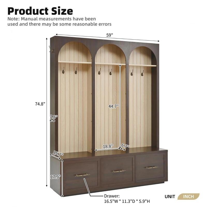 Farmhouse Hall Tree Coat Rack with 3 Arches and 8 Retro Hooks, Shoe Storage Bench Unit with 3 Drawers, 59'' L x 15.5'' W x 75'' H, Dark Walnut