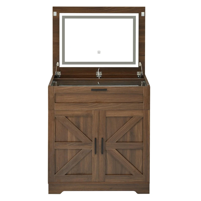 Versatile 3-in-1 Flip Top Makeup Vanity Cabinet with LED Lighted Mirror, Rustic Dressing Table for Bedroom, 26.5'' L x 19.5" W x 29.5" H, Walnut