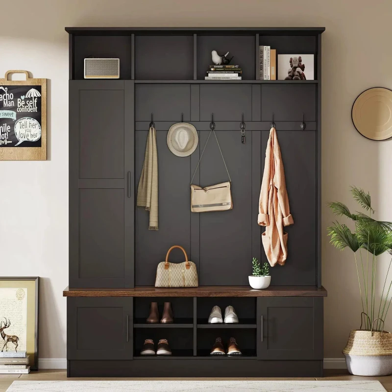 Rustic Farmhouse Hall Tree Coat Rack with Shoe Storage Bench, Heavy-Duty Storage Cabinet Unit with 6 Metal Hooks, 55'' L x 15.5'' W x 73'' H, Black