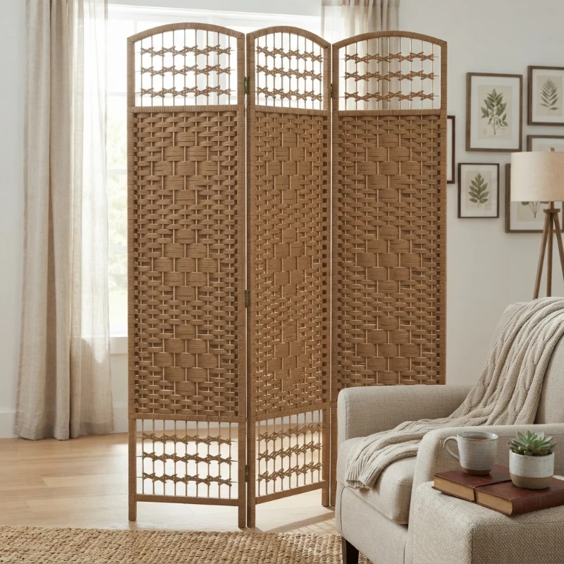 HOMCOM 3 Panel Folding Room Divider Portable Privacy Screen Wave Fiber Room Partition for Home Office Natural