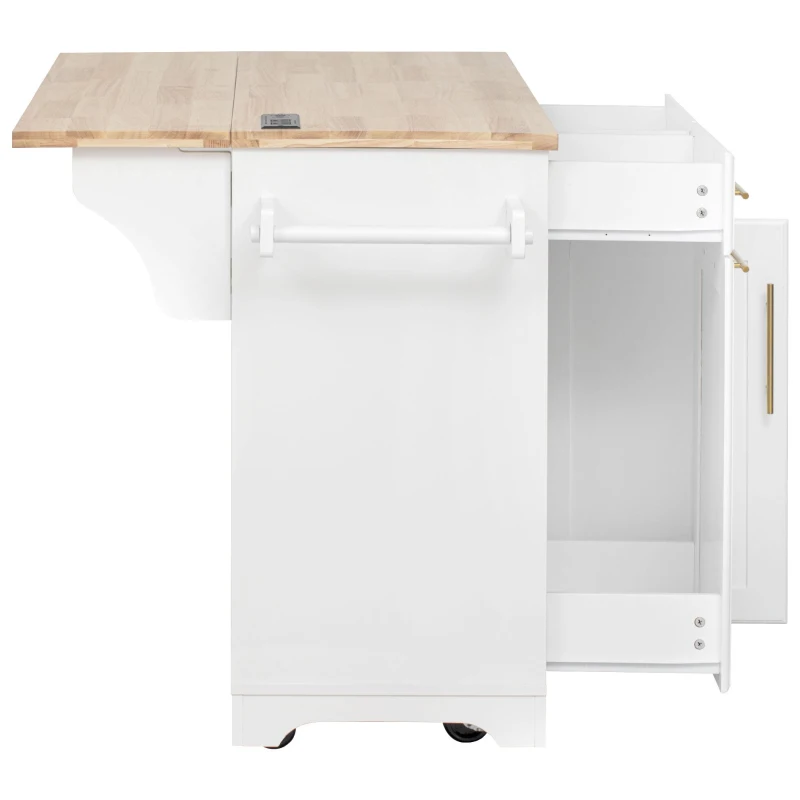 Vintage Kitchen Island with Trash Storage and Organizers, Versatile Rolling Cart with Power Outlet and Spice Rack, 59'' L x 29.5" W x 35.5" H, White