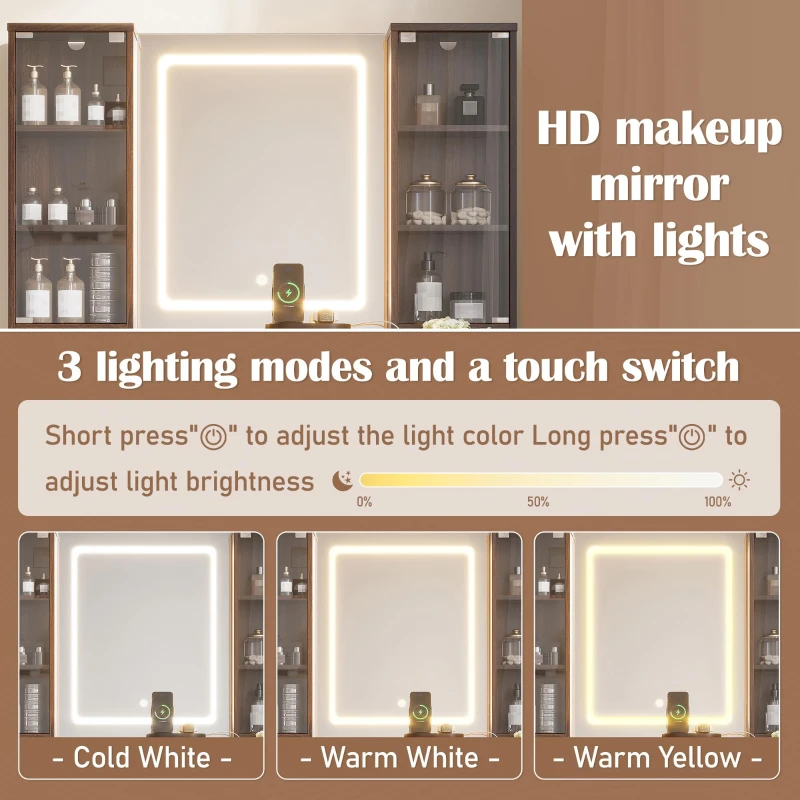 Elegant Fluted Dressing Vanity Desk with 3-Colour LED Mirror, Modern Makeup Table Unit with 10 Drawers, 43.5'' L x 15.5'' W x 54.5'' H, Brown