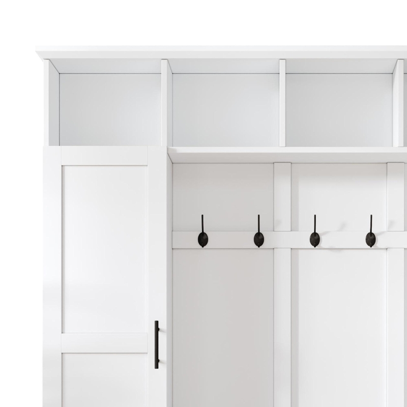 Rustic Farmhouse Hall Tree Coat Rack with Shoe Storage Bench, Heavy-Duty Storage Cabinet Unit with 6 Metal Hooks, 55'' L x 15.5'' W x 73'' H, White