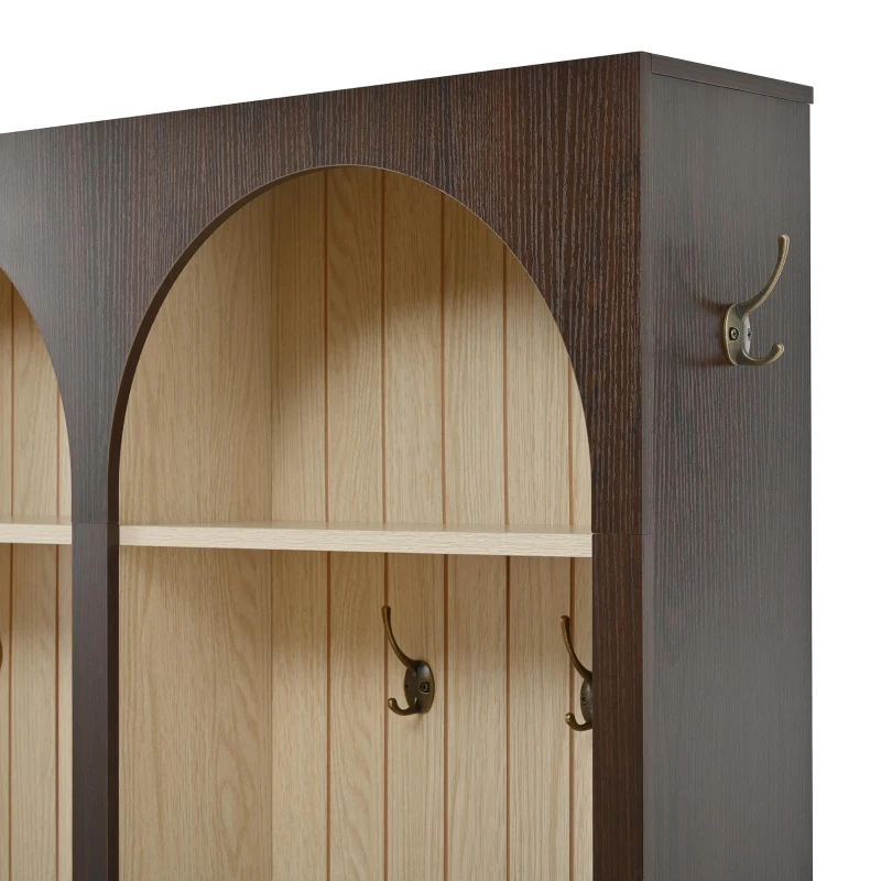 Farmhouse Hall Tree Coat Rack with 3 Arches and 8 Retro Hooks, Shoe Storage Bench Unit with 3 Drawers, 59'' L x 15.5'' W x 75'' H, Dark Walnut