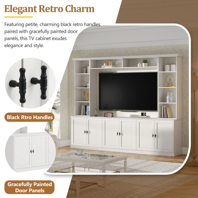 Rustic Farmhouse Entertainment Centre with 7 Adjustable Shelves, Modern TV Wall Unit with Panelled Doors, 95.5'' L x 15.5'' W x 76.5'' H, White