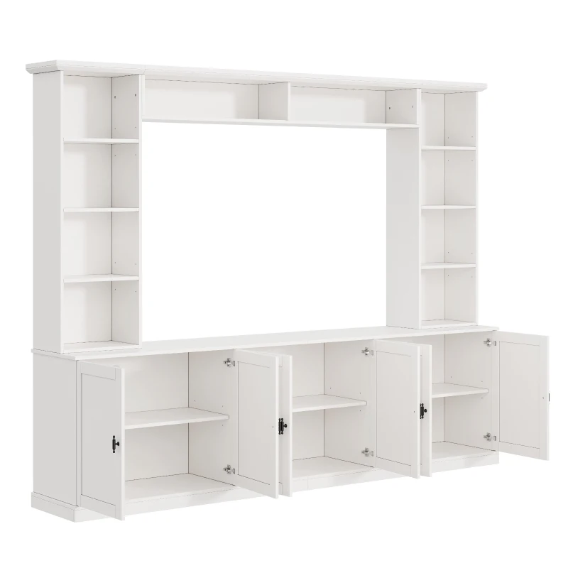 Rustic Farmhouse Entertainment Centre with 7 Adjustable Shelves, Modern TV Wall Unit with Panelled Doors, 95.5'' L x 15.5'' W x 76.5'' H, White