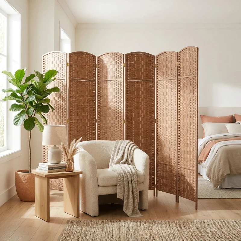 HOMCOM Room Divider 6 Panel, 6FT Tall Folding Privacy Screen, Freestanding Hand-Woven Partition for Room Separation with 360° Hinges, Paper Rope Diamond Weave, Natural