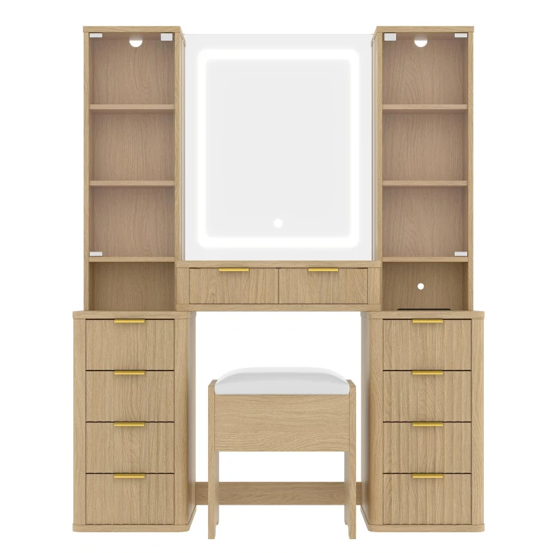 Elegant Fluted Dressing Vanity Desk with 3-Colour LED Mirror, Modern Makeup Table Unit with 10 Drawers, 43.5'' L x 15.5'' W x 54.5'' H, Oak