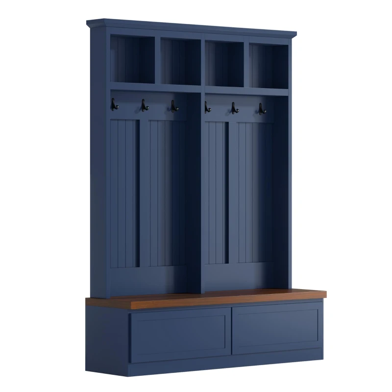 Rustic Farmhouse 4-in-1 Hall Tree Coat Rack with 2 Large Drawers, Shoe Storage Bench Unit with 6 Hooks, 53'' L x 15'' W x 75.5'' H, Blue