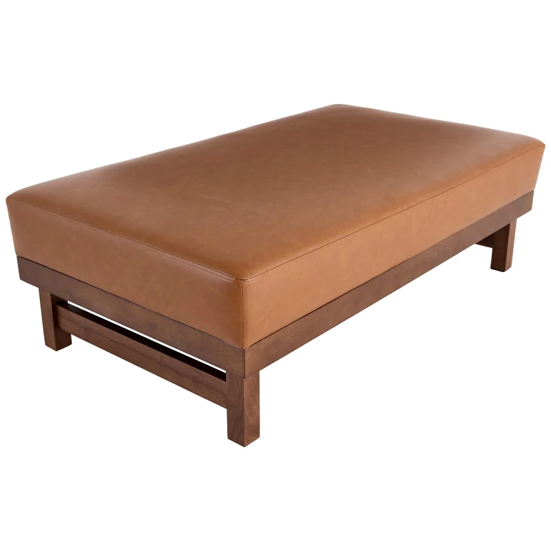 Sleek Large Ottoman with Faux Leather and Walnut Legs, Versatile Coffee Table for Living Room, 48" L × 27.5" W × 15.5" H, Light Brown
