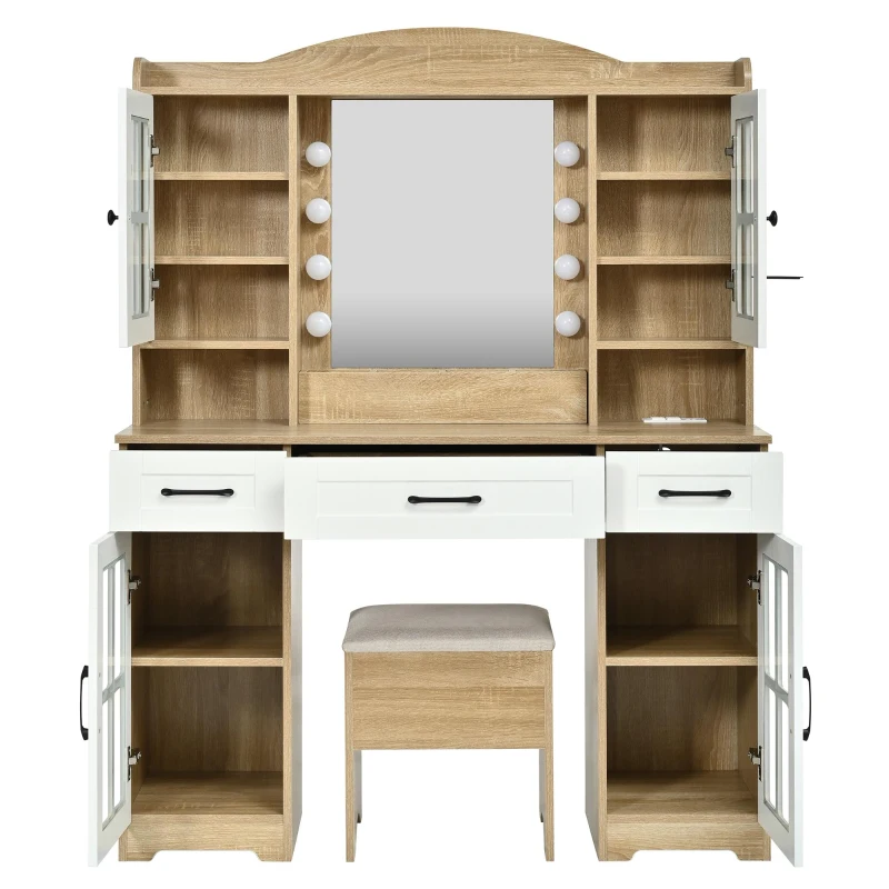 Farmhouse Makeup Vanity with Lighted Mirror and Outlet, Chic Dressing Table with Drawers and Stool, 47'' L x 15.5" W x 61.5" H, Natural+White