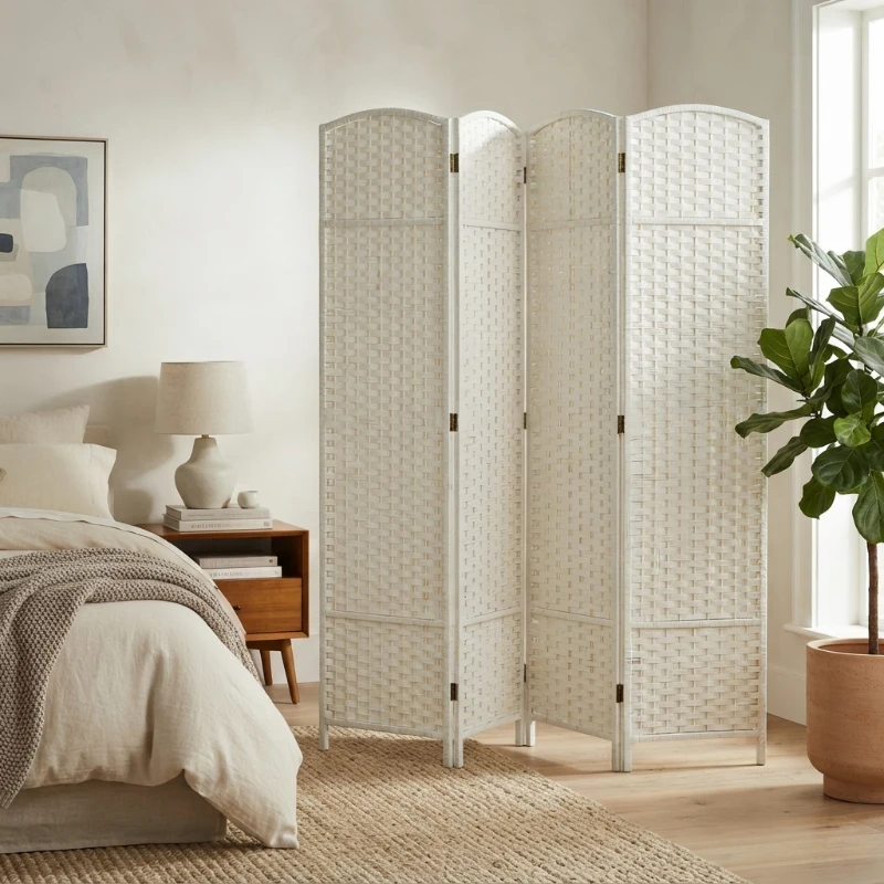 HOMCOM Folding Room Divider Screen 4 Panel 5.6 ' Tall Privacy Screen Freestanding Room Partition for Home Office, White