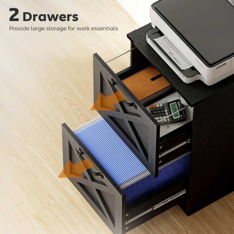 HOMCOM Vertical Storage Drawers Farmhouse X Pattern Printer Stand Fits Letter Files 2 Drawers Black