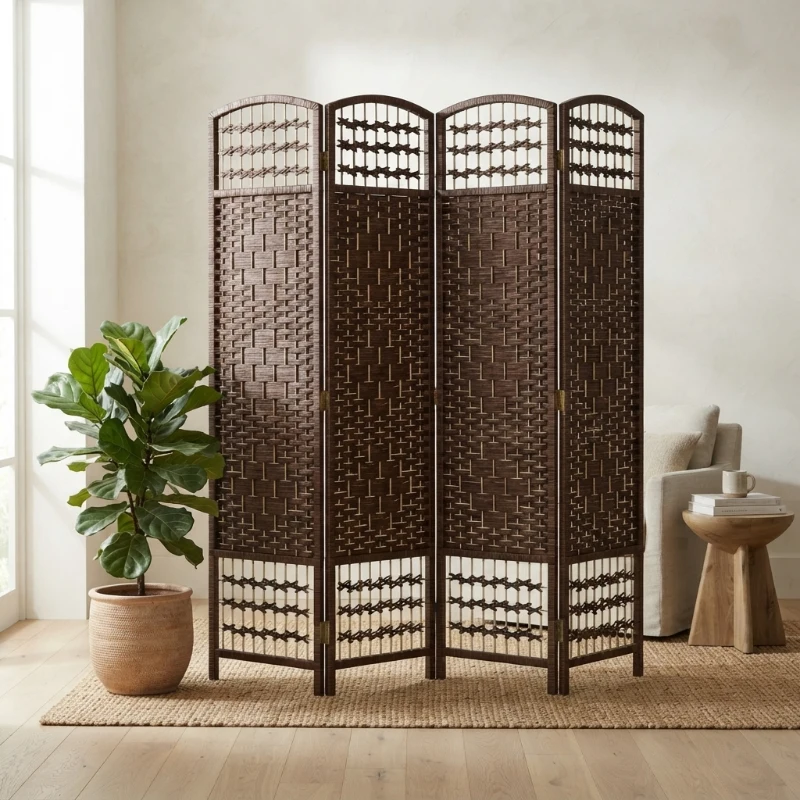 HOMCOM 4 Panel Folding Room Divider Portable Privacy Screen Wave Fiber Room Partition for Home Office Brown