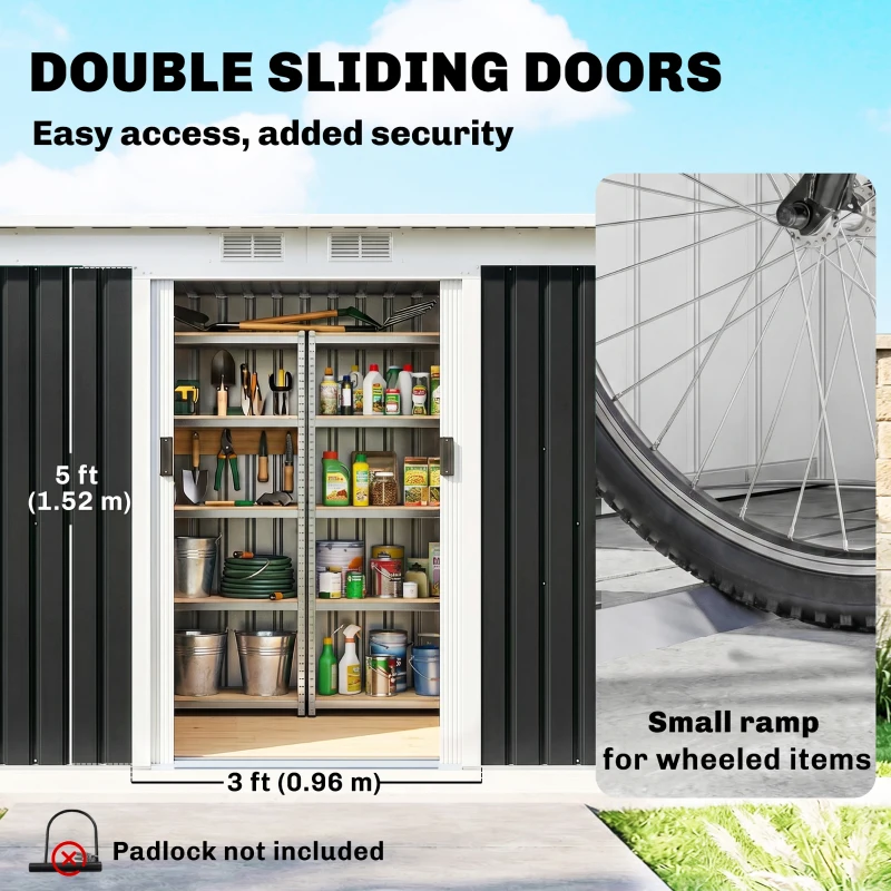 Outsunny 9x4 Outdoor Storage Shed Galvanized Steel Garden Shed with Foundation Kit, Ventilation & Doors, Dark Grey