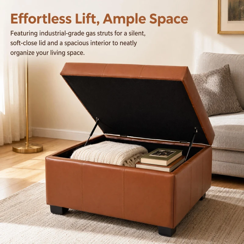 Retro-Chic Square Ottoman with Storage and Faux Leather, Versatile Coffee Table for Living Room and Bedroom, 34'' L x 34" W x 18.5" H, Caramel