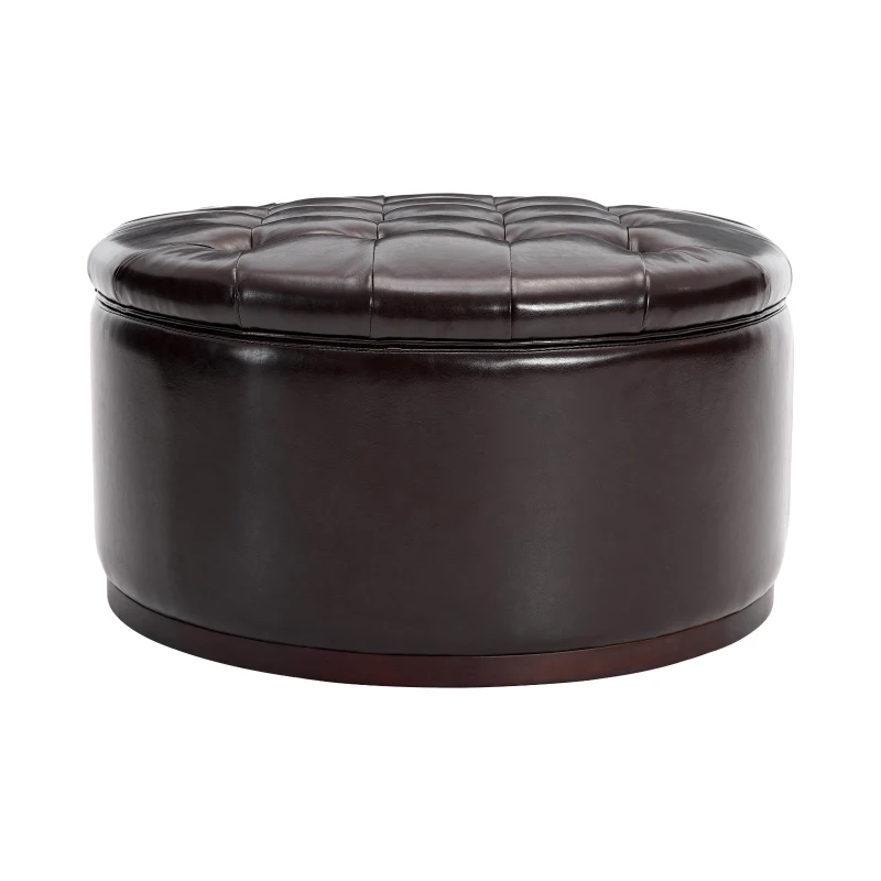 Elegant Round Storage Ottoman with Tufted Chenille and Removable Lid, Versatile Coffee Table for Living Room, 28'' L x 28" W x 16.5" H, Dark Brown