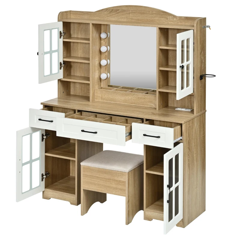 Farmhouse Makeup Vanity with Lighted Mirror and Outlet, Chic Dressing Table with Drawers and Stool, 47'' L x 15.5" W x 61.5" H, Natural+White