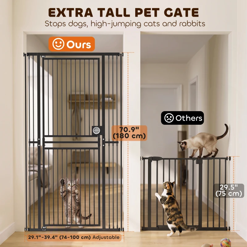 PawHut 71" Extra Tall Cat Gate,  29"-39" Wide Pet Gate with No Drilling, Narrow Spacing, Pull-Ring Latch, 2 Extension Kits