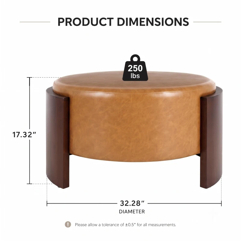 Modern Round Ottoman with Curved Wood-Grain and High-Density Foam, Versatile Coffee Table for Living Room, 32'' L x 32" W x 17.5" H, Brown