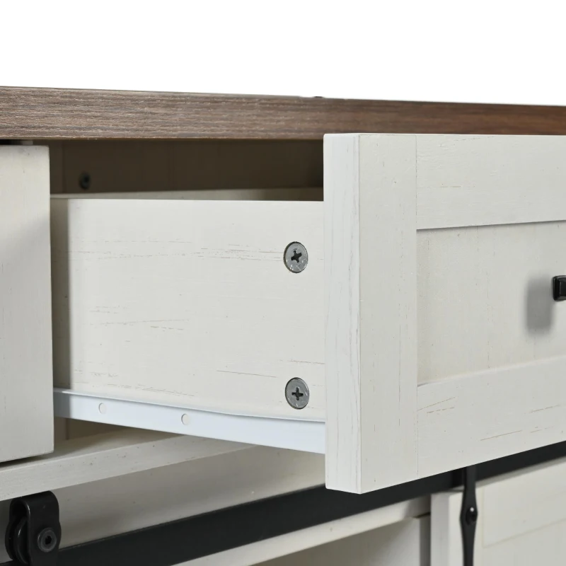 Farmhouse Kitchen Island with Power Outlet, Drop Leaf and Sliding Barn Doors, Versatile Rolling Cart for Kitchen, 53.5'' L x 18.5" W x 37" H, White