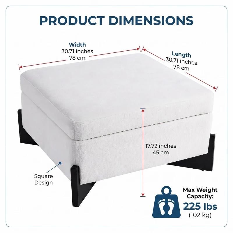 Modern Large Square Ottoman with Faux Leather and Hidden Storage, Versatile Coffee Table for Living Room, 30.5'' L x 30.5" W x 17.5" H, White
