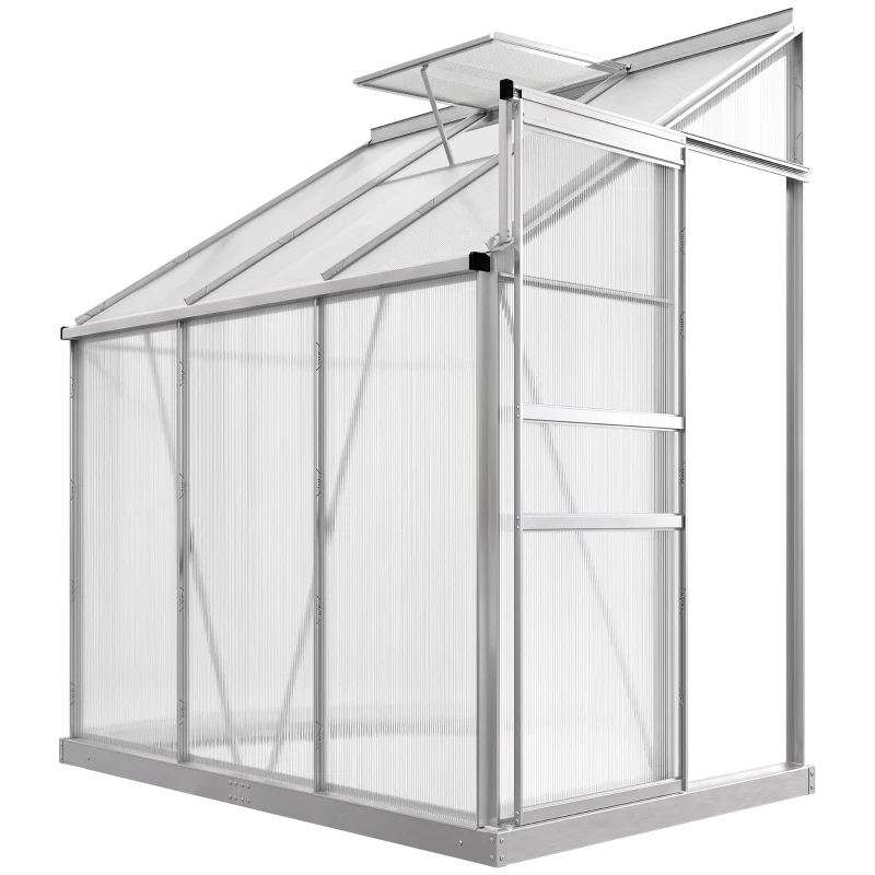 Outsunny Aluminum Lean-to Greenhouse Polycarbonate Walk-in Greenhouse with Rain Gutter and Sliding Door, 6' x 4', Clear