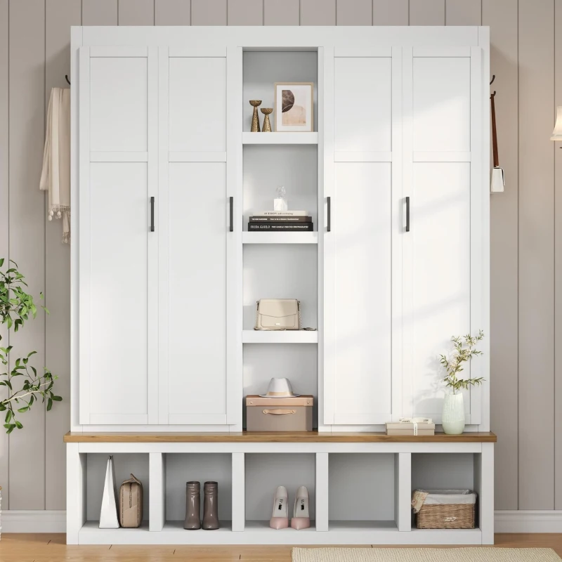 Rustic 4-in-1 Hall Tree Coat Rack with 4 Cabinets and 6 Sturdy Hooks, Shoe Storage Bench Unit for Mudroom, 63'' L x 15.5'' W x 76.5'' H, White