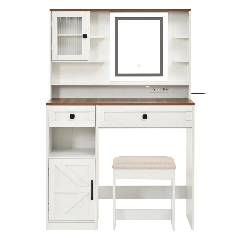 Farmhouse Makeup Vanity with LED Mirror and Outlet, Chic Dressing Table with Drawers and Stool, 37.5'' L x 15.5" W x 56" H, White+Walnut