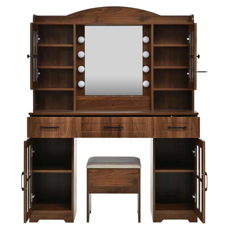 Farmhouse Makeup Vanity with Lighted Mirror and Power Outlet, Chic Dressing Table with Drawers and Stool, 47'' L x 15.5" W x 61.5" H, Walnut