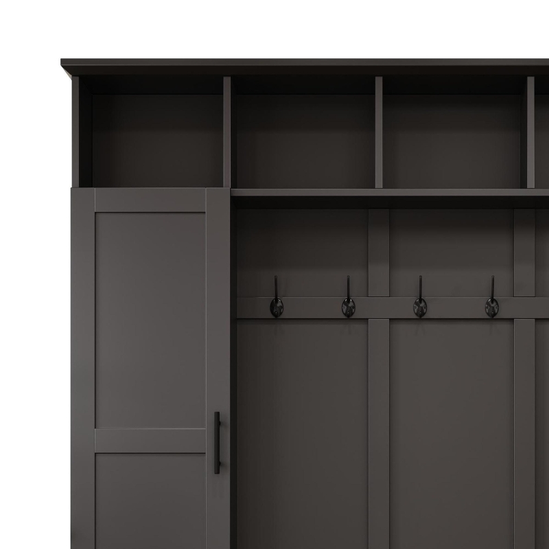 Rustic Farmhouse Hall Tree Coat Rack with Shoe Storage Bench, Heavy-Duty Storage Cabinet Unit with 6 Metal Hooks, 55'' L x 15.5'' W x 73'' H, Black