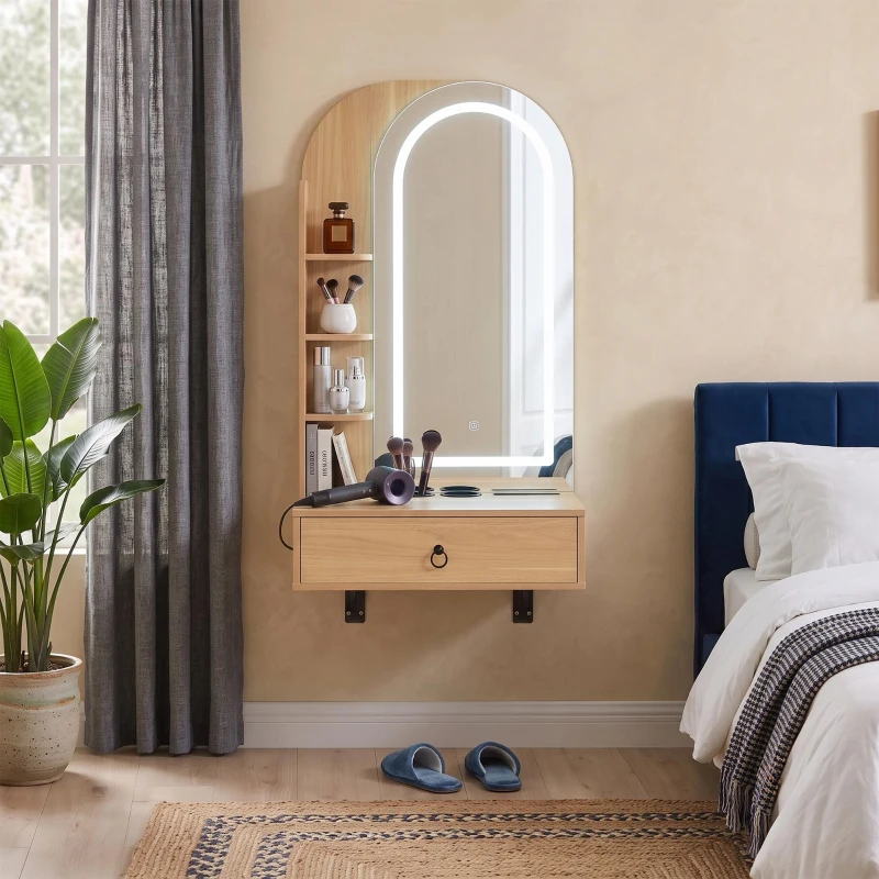 Modern Floating Makeup Vanity with Arched Mirror, Outlet and 3-Color Lights, Versatile Wall Vanity for Bedrooms, 23'' L x 15.5" W x 48" H, Natural