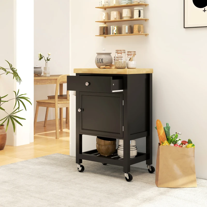HOMCOM Kitchen Island on Wheels, Rolling Kitchen Cart with Rubberwood Top, Drawer, Wine Rack and Cabinet, Black