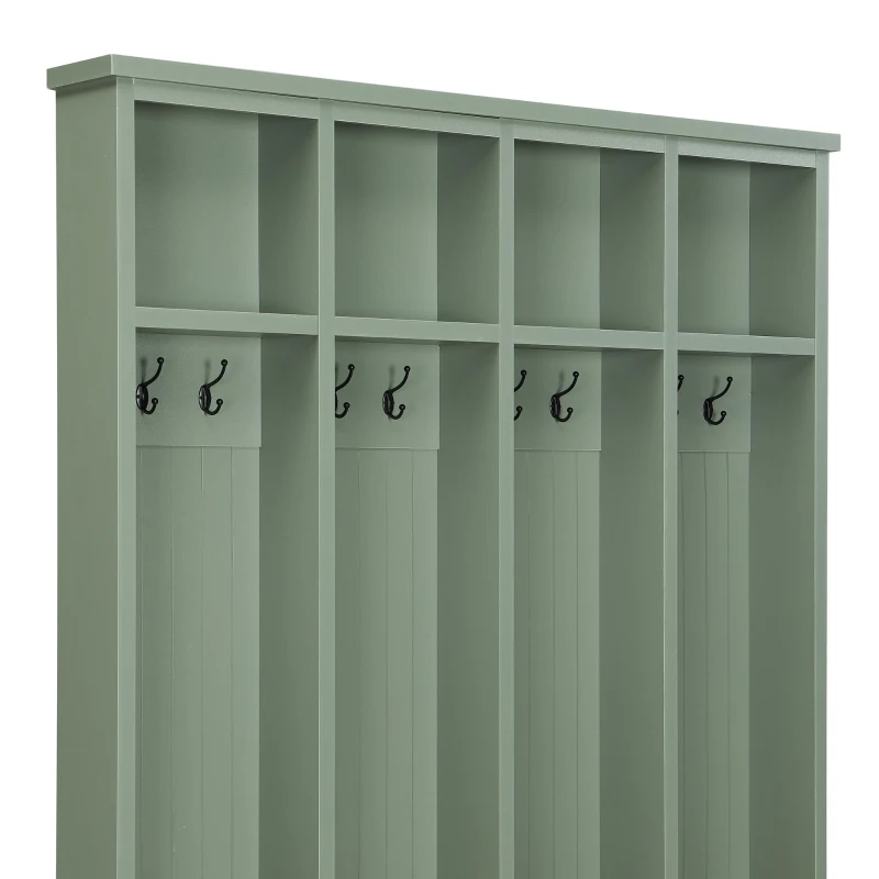 Farmhouse Hall Tree Coat Rack with 8 Retro Hooks, Shoe Bench Unit with 8 Storage Compartments, 59'' L x 15.5'' W x 76.5'' H, Mint Green