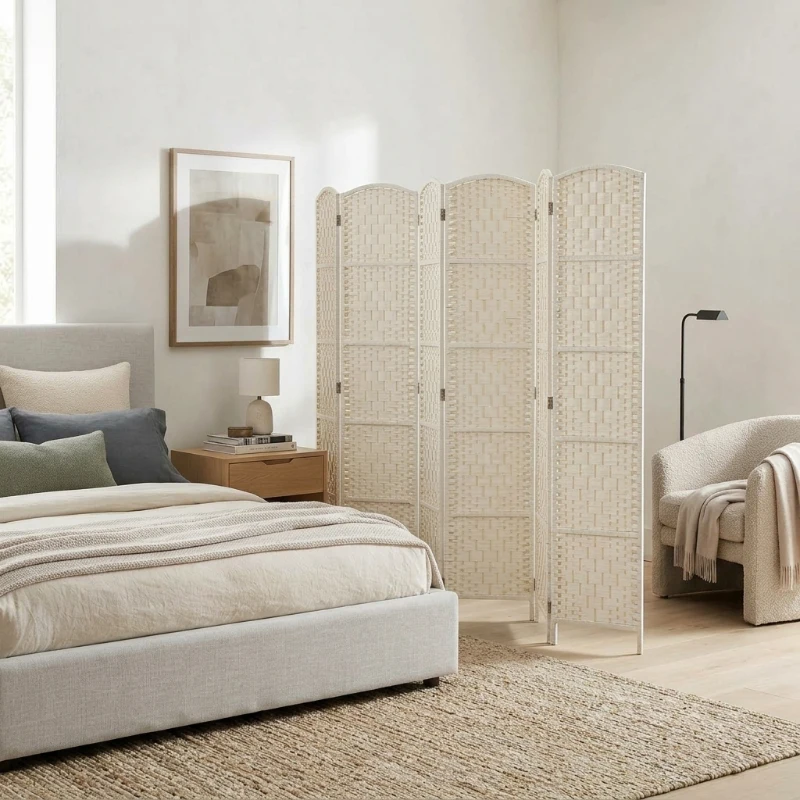 HOMCOM Room Divider, 6 Panel Folding Privacy Screen, 6FT Tall Portable Weave Partition Wall Divider for Bedroom, White