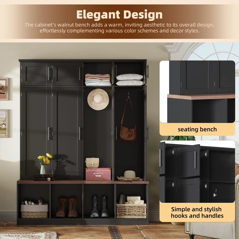 Rustic Farmhouse Hall Tree with 8 Storage Doors, Heavy-Duty Shoe Storage Bench Unit with 4 Bottom Compartments, 59'' L x 15.5'' W x 75'' H, Black