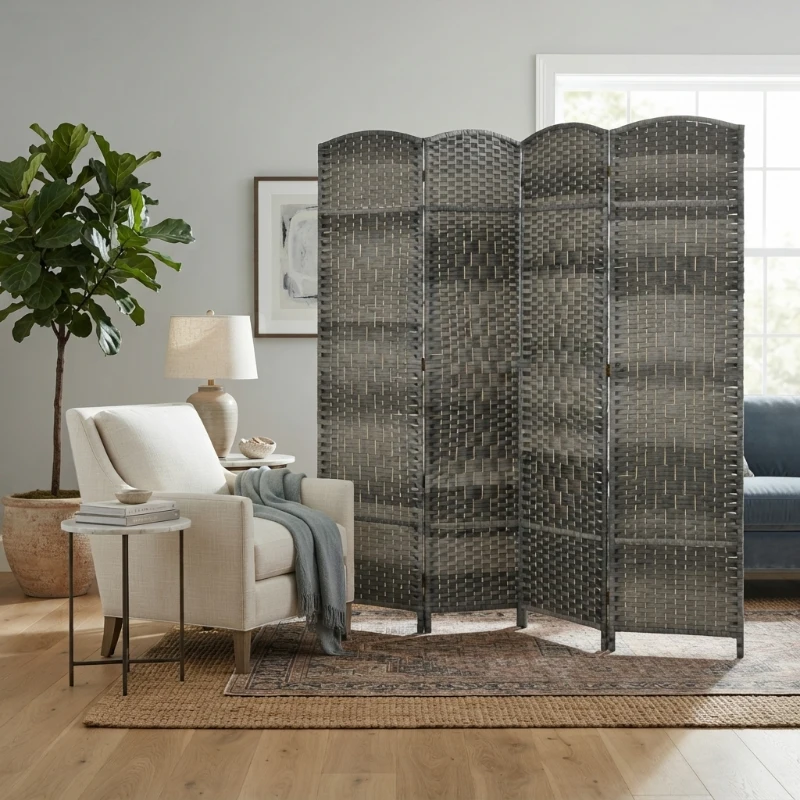 HOMCOM Folding Room Divider Screen 4 Panel 6' Tall Privacy Screen Freestanding Wood Partition for Home Office, Mixed Gray