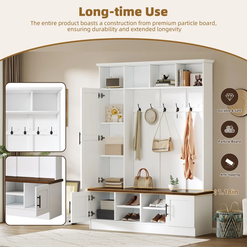 Rustic Farmhouse Hall Tree Coat Rack with Shoe Storage Bench, Heavy-Duty Storage Cabinet Unit with 6 Metal Hooks, 55'' L x 15.5'' W x 73'' H, White