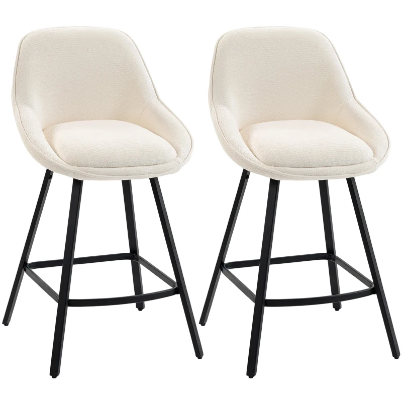 HOMCOM Bar Stools Modern Chenille 360° Swivel Barstools Counter Height Backrest Footrest Set 2, Cream White