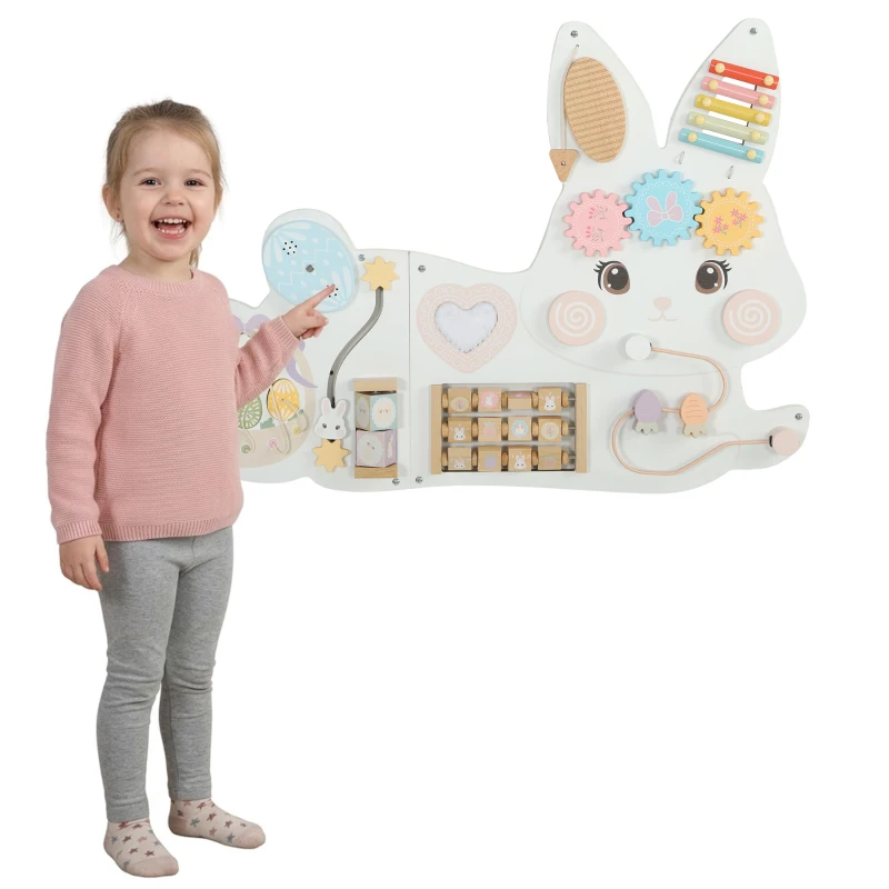 Qaba Easter Bunny Busy Board, Wooden Wall-Mounted Montessori Sensory Toys, Gift for Girls Boys for 1.5-6 Y, White