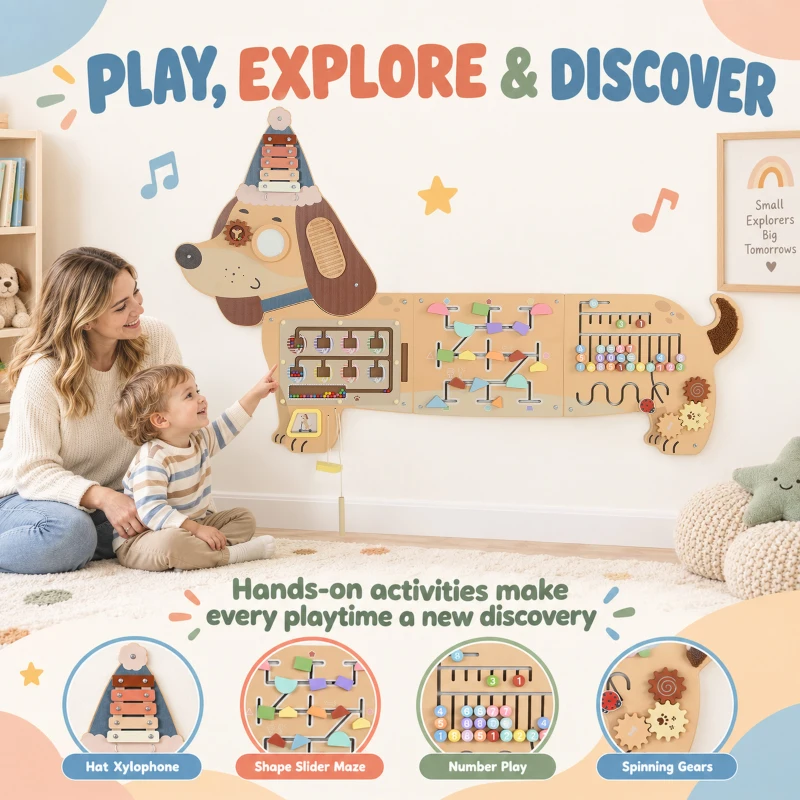 Qaba Wooden Wall Busy Board, Montessori Sensory Wall Panel Dachshund-Shaped for Playroom, Educational Toys for Toddler