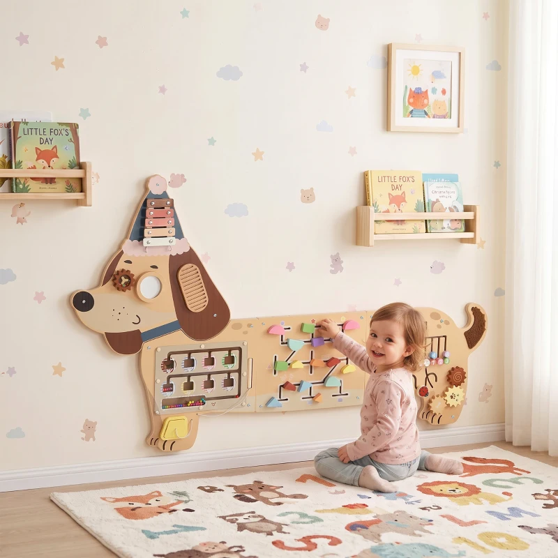 Qaba Wooden Wall Busy Board, Montessori Sensory Wall Panel Dachshund-Shaped for Playroom, Educational Toys for Toddler