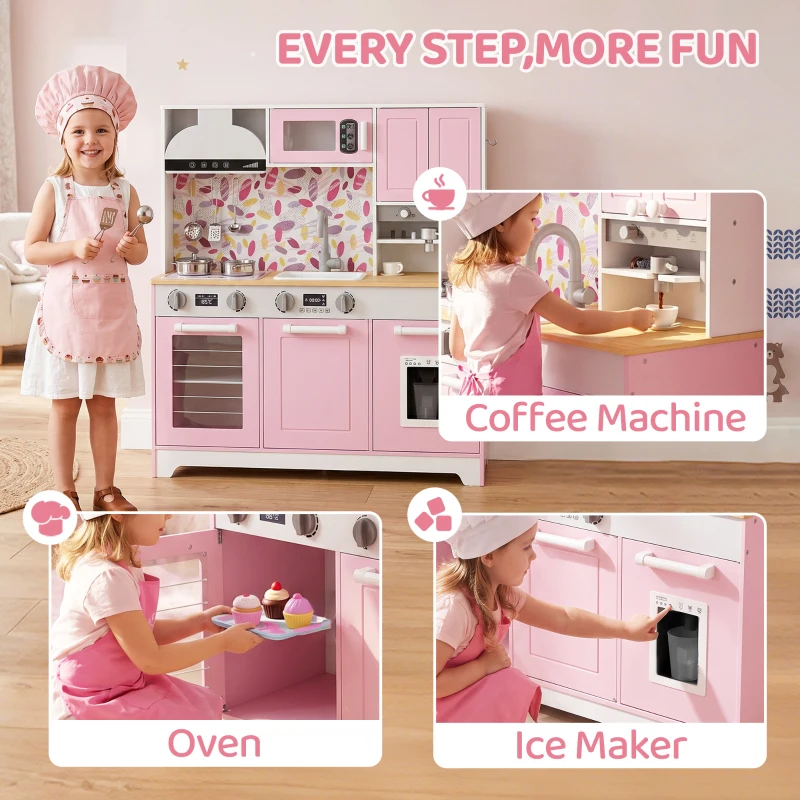 Qaba Play Kitchen, Kids Kitchen Playset with Coffee Maker, Ice Maker, Clicking Knobs, Storage, Accessories for 3-8 Years